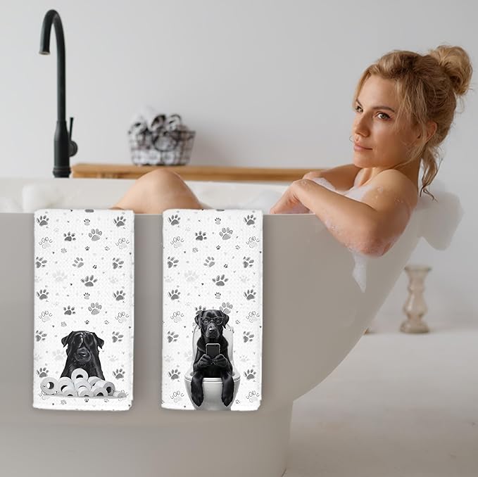 Funny Black Labrador Retriever Bathroom Hand Towels, Black Lab Gifts, Gifts for Labrador Dog Lovers Hand Towels for Washroom Restroom, Dog Bathroom Decor, 16x24 Inch Set of 2