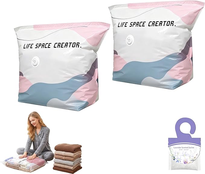 Large Capacity Vacuum Bags No Pump Needed, No Pump Large Vacuum Storage Compression Bags, Reusable No-Pump 3D Vacuum Storage Bags for Jumbo Clothes Bedding, Comforters, Off‑Season Gear (S-2PC)