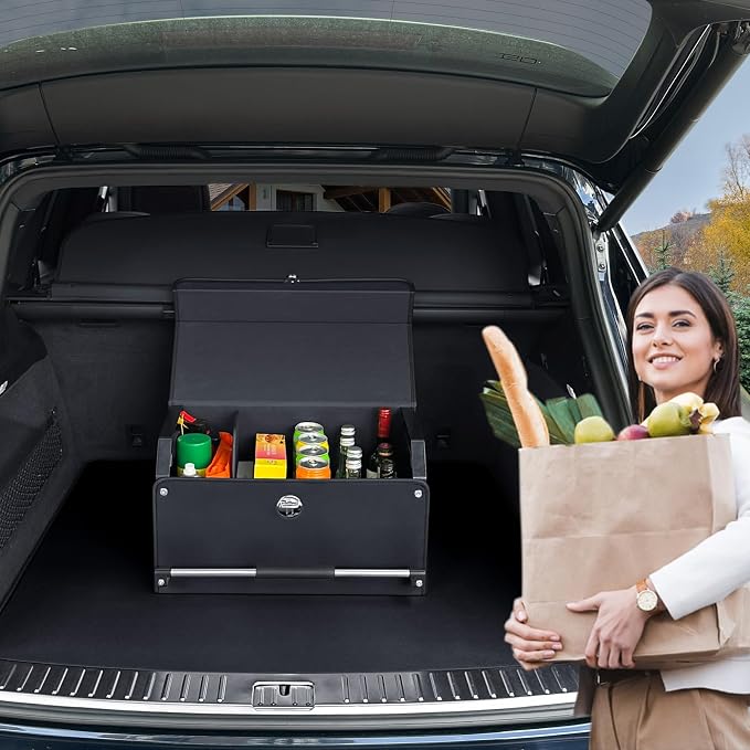 Car Trunk Organizer Leather Car Storage Organizer with Lid Car Organizer | Suv Trunk Organizer with Sturdy Handle Car Cargo Storage Box for Minivan, Sedan, Jeep (Black, 20.47 x 11.4 x 12.2in)