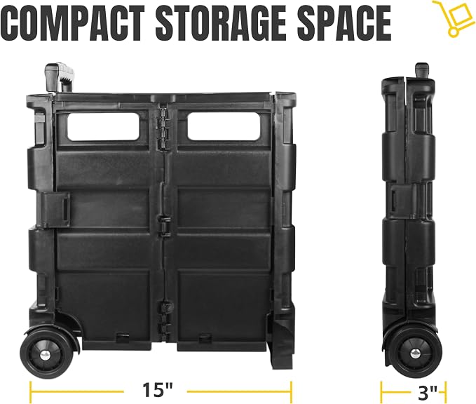 MaxWorks 51051 Collapsible Black Rolling Folding Dolly Cart for Teachers - Multi-Functional Dolly with Extra Storage Durable Wheels and Easy-to-Fold Design for Classroom Office Shopping - Without Lid