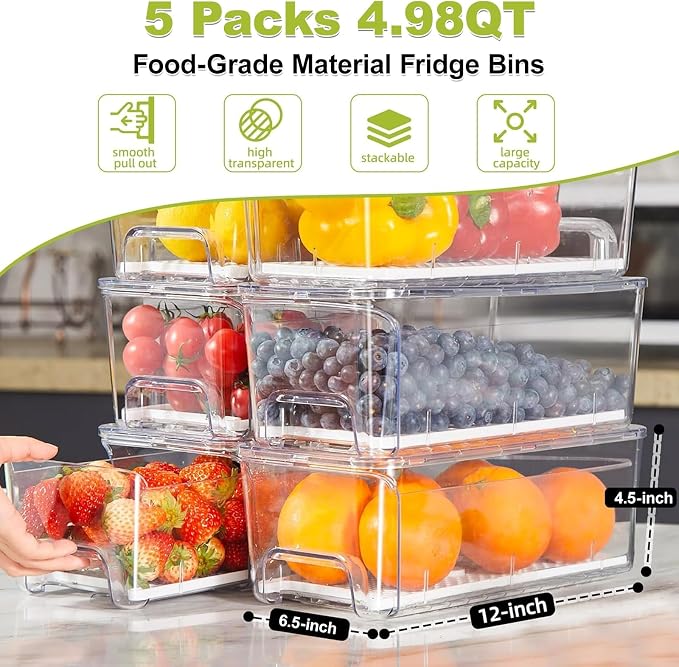 Pull-out Veggie Fridge Organizer Drawer 5-Pack | Stackable Fruit and Vegetables Refrigerator Organizer and Storage Containers, with Strainer Layer