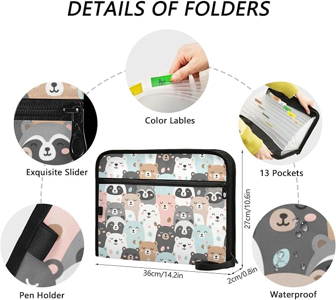 Cute Little Bears Expanding File Folder with Sticky Labels, 13 Pockets Accordion File Folder Document Organizer Expandable Zip File Folder with Zipper Closure