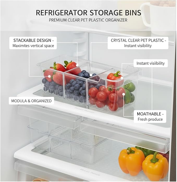 Clear PET Refrigerator Storage Bins - Stackable Produce Organizer for Fridge Drawers & Shelves, Durable Food Container (1 Pack)
