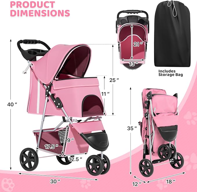 Magshion 3-Wheel Pet Stroller for Small/Medium Dog Cat, Up to 33lbs, Pink | Foldable Travel Jogger w/ Breathable Mesh Cover, Lightweight Design, Safety Tethers, Cup Holder & Storage Basket