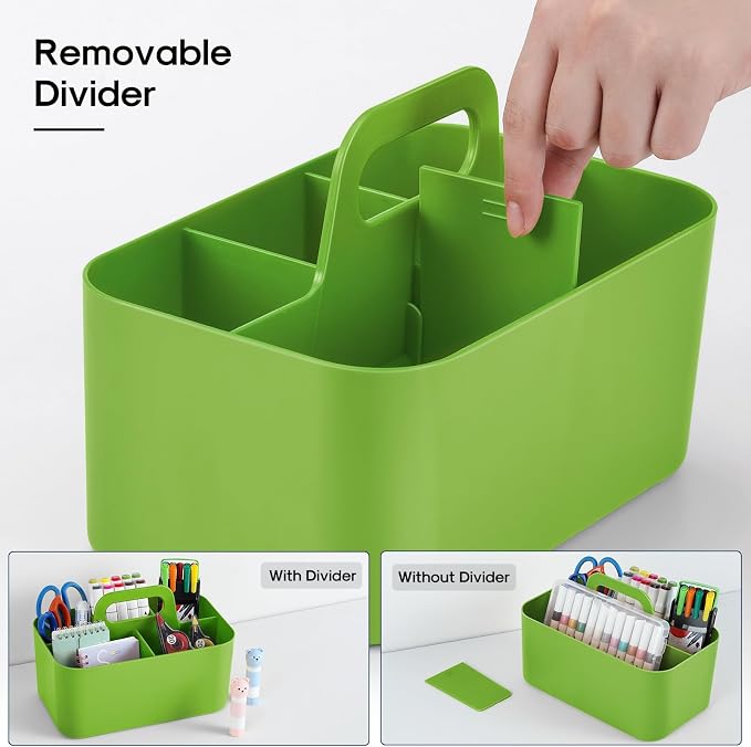 Multiuse Caddy Organizer with Handle, Portable Divided Plastic Tote Bin - Art Craft, Stationary Pen Marker Crayons, Makeup Hair Supplies Storage - Bathroom, Classroom, Dorm, Office, Desk Holder -Green