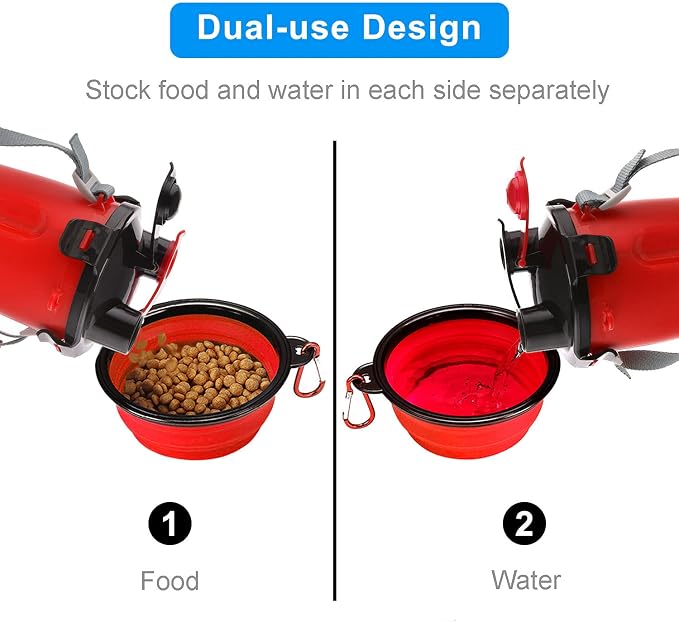 Dog Travel Water Bottle Collapsible Bowls, 2 in 1 Pet Food Container with Collapse Bowls, Outdoor Portable Water Bowls for Walking, Traveling, Camping and Hiking (Red)