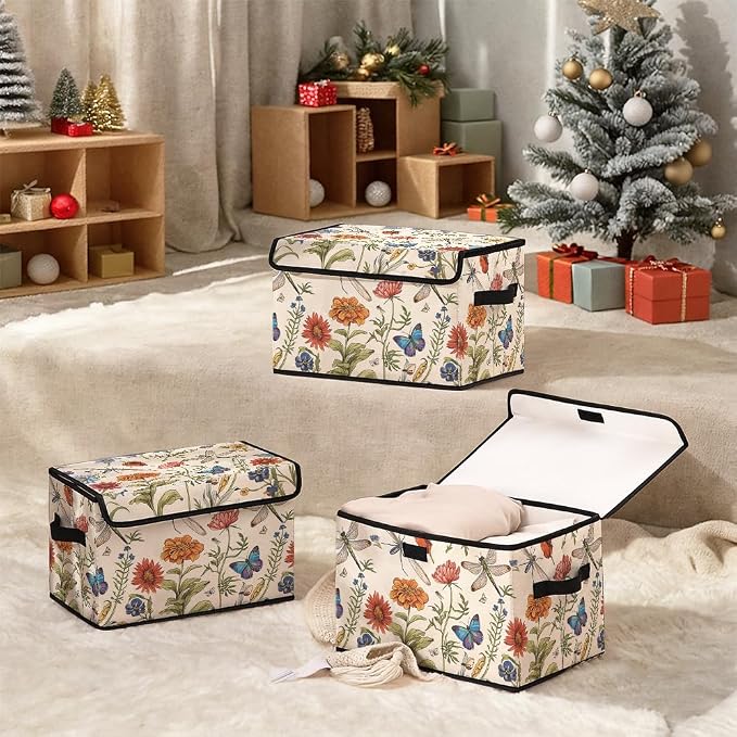 Stackable Clothes Storage Bins with Lids 3 Pack | Closet Organizers Fabric Cat Printing Box for Home and Office,Blanket Clothes Organizers,Under Bed Storage Containers