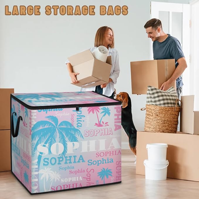 Personalized Name Foldable Storage Basket Cubes with Lid, Clothes Pet Toys Storage Bin with Handles for Shelf Home Closet Kitchen, Light Blue White Palm Trees Light Pink White Background