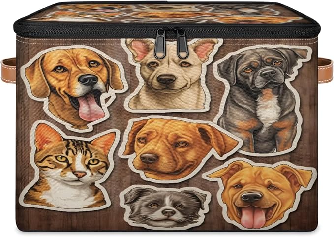 Storage Bin Dogs Cats Storage Basket with Zipper Lid & Handle Foldable Storage Box Cube Bins Clothes Organizer for Closet, Bedroom