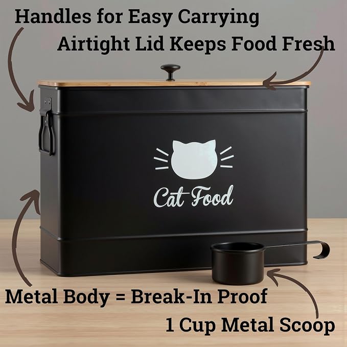 Metal Cat Food Container with Scoop, 15lb (50 Cup) w/ Airtight Bamboo Lid | 15 lb / 50 Cup Capacity, 1 Cup Metal Scoop, Durable Powder Coated Iron Body, Rubber Lined Bamboo Lid, Sturdy Metal Handles
