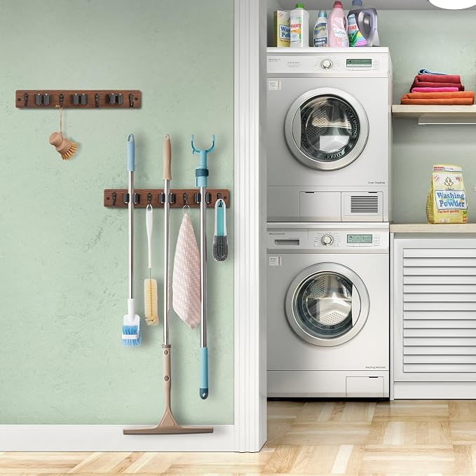 OUTNILI 2 Pack Mop Broom Holder Wall Mount with 3 Slots & 4 Hooks - Rustic Wood Broom Mop Hanger for Pantry Kitchen Organization - Garden Tool Organizer for Closet Laundry Room