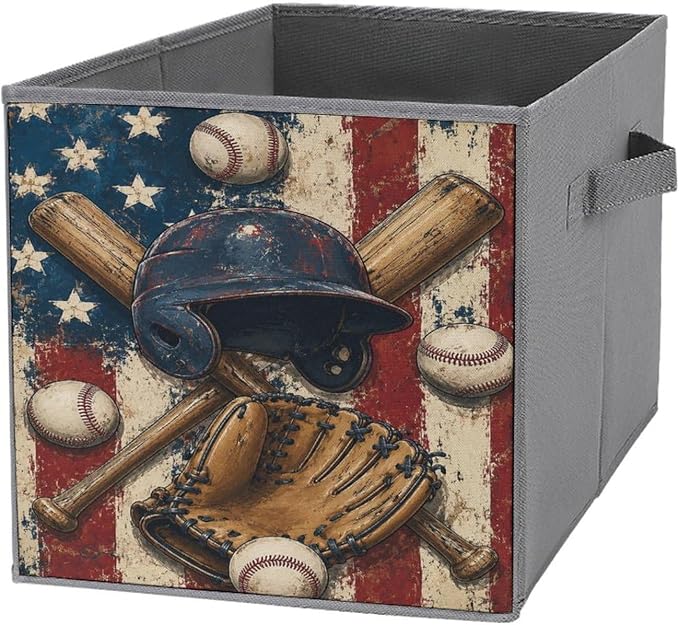 Baseball Gear American Flag Design Storage Bin with Handles, Oxford Fabric Foldable Storage Cube Organizer for Clothes, Towels, Bedroom, Living Room, Home Organization