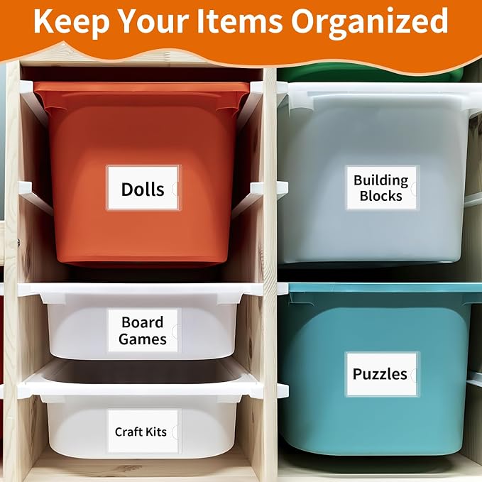 Storage Bin Labels, 2×3.5 in Index Card Holder, Clear Adhesive Pockets | 44 Pcs, Strong Adhesive, Waterproof & Clear, Removable with No Residue, for Tote Box Drawer, Library Classroom Organization