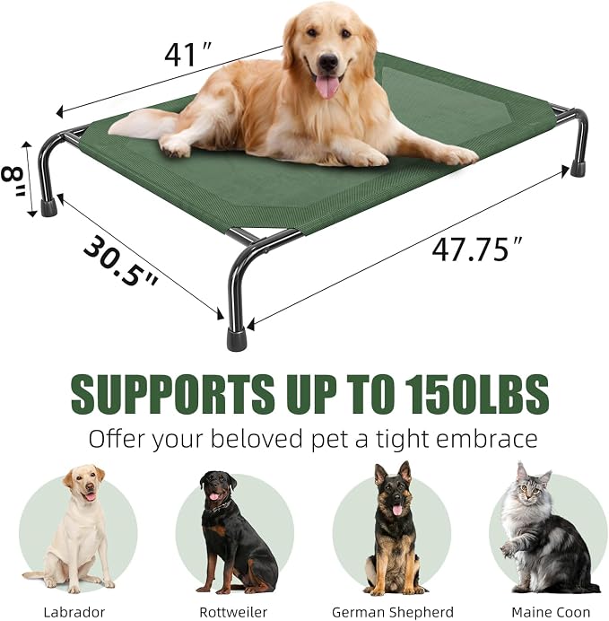 Simple Trending Outdoor Elevated Dog Bed, Cooling Raised Dog Cots, Green | Pet Bed for Large Dogs, Waterproof Cover, Breathable mesh, Non-Slip Feet, Suitable for Indoor or Outdoor Use, 47.75" x 30.5"