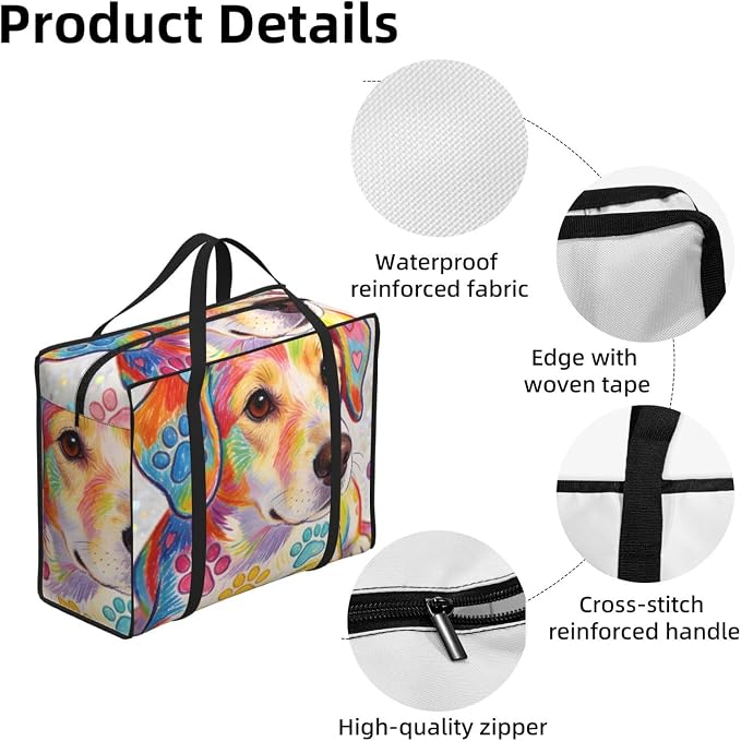 Clothes Storage Bags Pet Colorful Doodle Paw Hearts Dog, Heavy Duty Oxford Fabric Packing Tote with Strong Zippers for Closet Organizers and Bedroom Storage