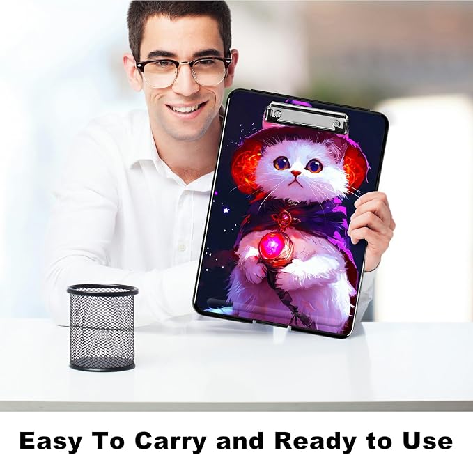 Purple White Cat A4 Clipboard with Storage Pen Holder, Clipboards Organizer Nursing Clipboard Foldable File Folder Plastic Clipboard Folio Clip Board for Office Students Classroom Doctor