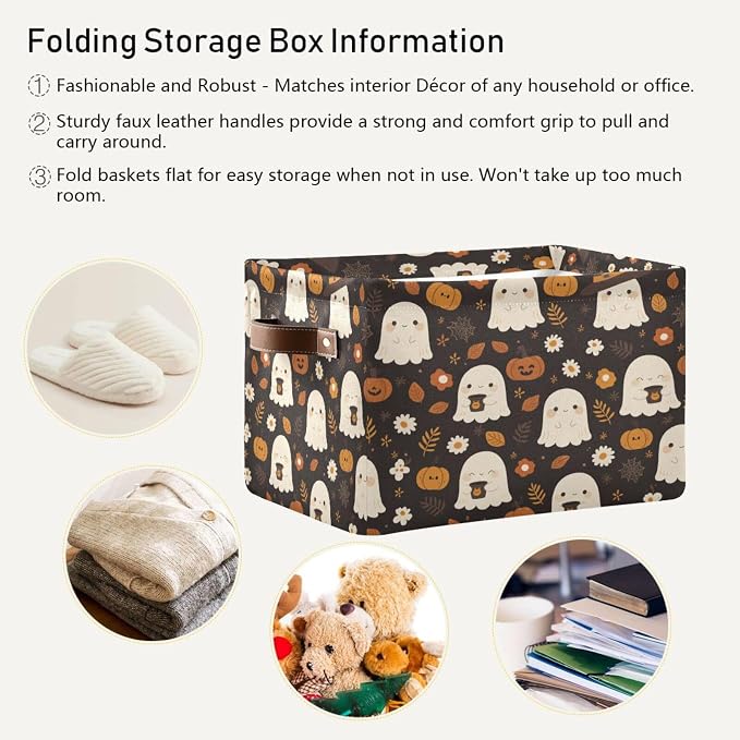 Kigai Storage Basket, Fabric Collapsible Closet Organizer Bin | Halloween Boo Waterproof Foldable Canvas Basket with Handles for Shelves, Nursery, Closet, Bedroom & Bathroom