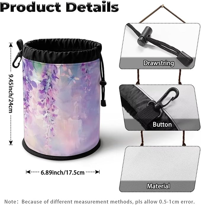 Wisteria Clothespin Bag for Clothesline Outdoor, Clothes Pin Bag with Drawstring Closure, Large Opening, Large-Capacity Clothespin Storage Organizer with Hooks