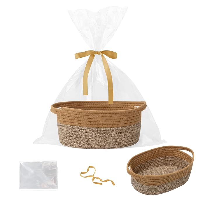 Woven Rope Basket - Baby Gift Basket with Bag & Ribbon, Jute&Brown | Cotton rope with handle, 12 x 8 x 5 in, gift bag and ribbon, for baby shower, birthday, toy storage, nursery, shelf decor