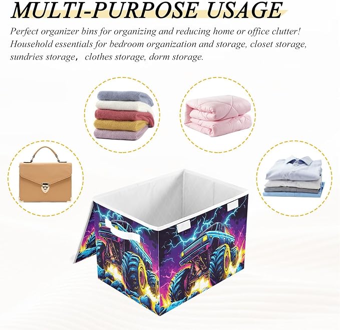 Storage Bins with Lid Monster Truck Foldable Storage Boxes 40L Baskets | Decorative Storage Boxes, 300D Oxford Cloth, Hollow Board Frame, Flip Top Velcro Lid, 16.5x12.6x11.8 inch, Collapsible Design