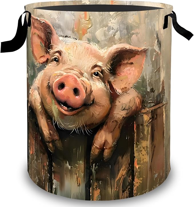Smiling Pig Laundry Basket Hamper, Organizer Bins Gifts for Women Kids, Farm Animal Foldable Waterproof Clothes Hamper Handles Storage Bucket for Bedroom Bathroom Room Decor 19.7"x15.7"