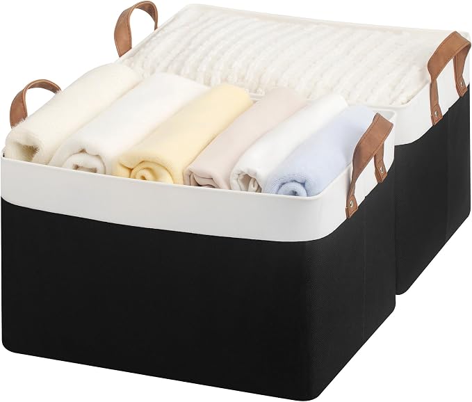 StorageWorks Closet Storage Bins, Black and White, Large, 2-Pack | With Reinforced Soft PU Handles, Sturdy Metal Frame, Collapsible Basket for Shelves, Closet, Holds Clothes, Towels, Blankets