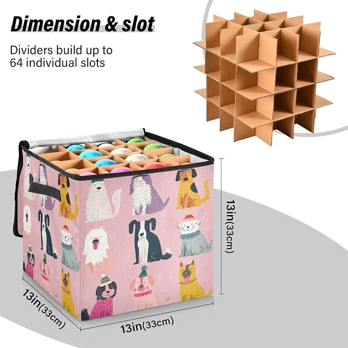 OTVEE Christmas Ornament Storage Box Holiday Decoration Organizer Stores upto 64 Holiday Ornaments Adjustable Dividers Tear-Proof Fabric Festive Pet Whimsy