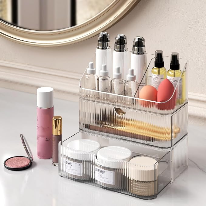 Medicine Cabinet Organizer 3 Tier, Stackable Bathroom Makeup Organizers | Small Bathroom Mirror Cabinet Storage with 2 Drawer and 1 Tray for Wall Cabinet，Closet，Vanity, Countertop, Clear