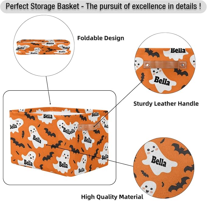 Personalized Storage Basket with Name, Halloween Ghost with Bat Orange Background Rectangle Toys Pet Dog Storage Bin with Handles for Baby, Boys, Girls, Collapsible Basket for Clothes, Books