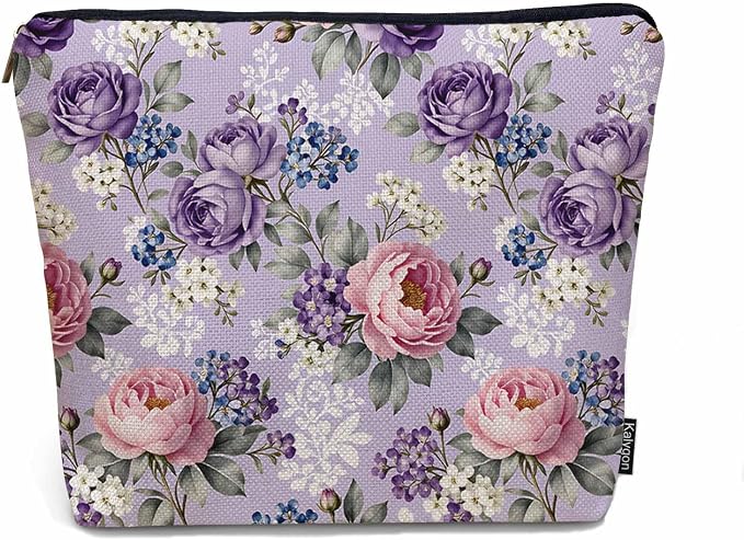Rose Purple Makeup Bags Makeup Organizer, Vintage Blossom Flowers Rose Flax Toiletry Bags Travel Cosmetic Bag Makeup Purse Pouch Skincare Bag Wallet Bags For Women Female Mom Daughter
