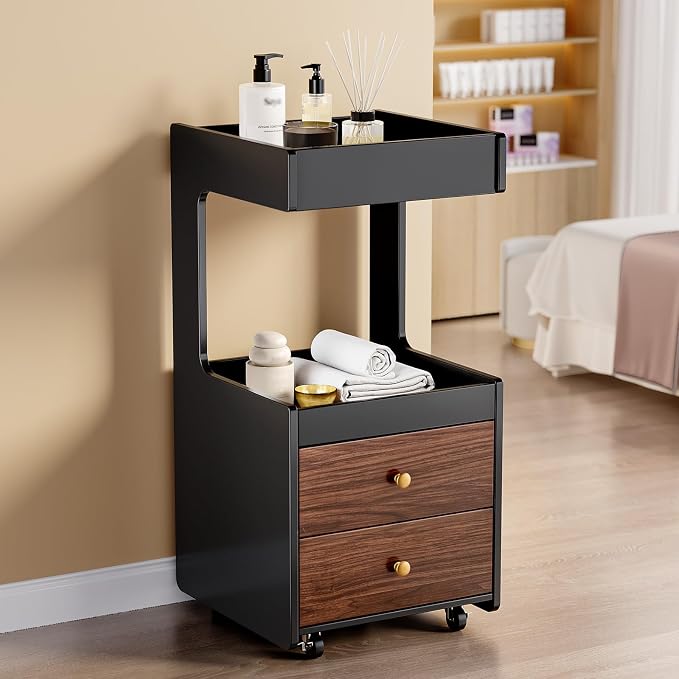 OmySalon Salon Trolley Cart, Esthetician Cart with Wheels, Hair Styling Station with 2 Drawers, 1 Open Shelf, Mobile Storage Cabinet Utility Trolley for Beauty Salon Spa, Black Walnut