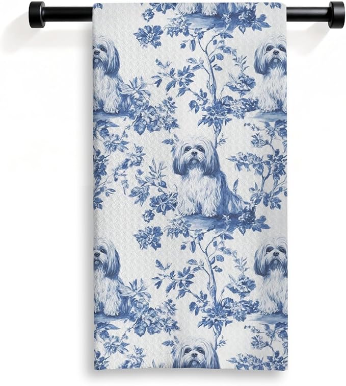 Havanese Kitchen Dish Towels,Blue and White Floral Dog Towel Dish Tea Towels, Chinoiserie Decor for Kitchen Bathroom,Havanese Gifts for Dog Lover Mom Dad,16x24 Inch