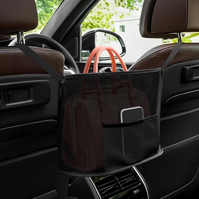 Car Net Pocket Handbag Holder, Organizer Storage Between Front Seats, Large Capacity Auto Seat Back Mesh Pocket Organizer, Car Handbag Holder Between Seats Universal for Most Vehicles (Black)