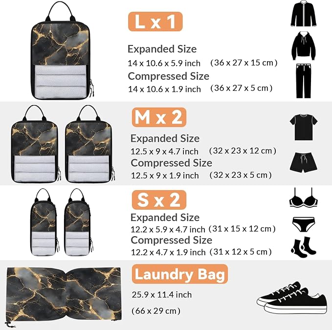 Black 6 Set Compression Packing Cubes Marble Expandable Packing Organizer for Travel Accessories Luggage Suitcase Bag