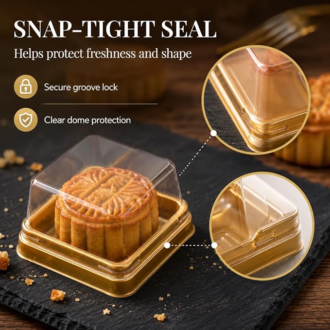 DOITOOL 100 Pcs Mini Cake Containers 2.24 Inch Mooncake Packaging Boxes | Individual cupcake containers with clear lids, gold plastic flan dessert dome for macarons muffins cookies wedding birthday