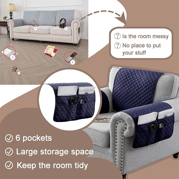 Water-Resistant Sofa Armrest and Headrest Covers with Side Pocket | Keep remotes close quilted polyester helps guard against wear, pet scratches, and kids' messes silicone backing adds grip