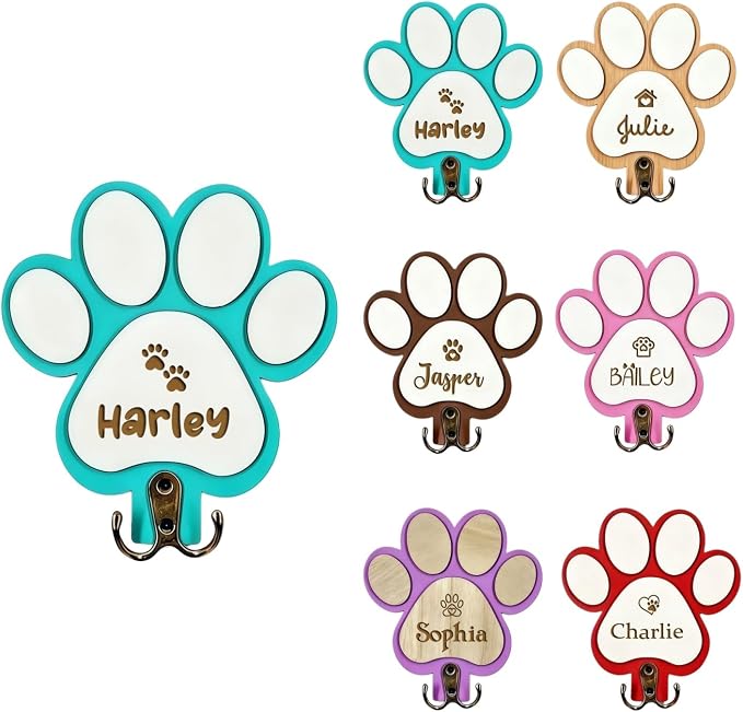 Custom Dog Leash Holder with Name, Personalized Wooden Key Rack and Pet Collar Hanger for Wall, Rustic Farmhouse Entryway Organizer, Dog Lover Gift(Blue)