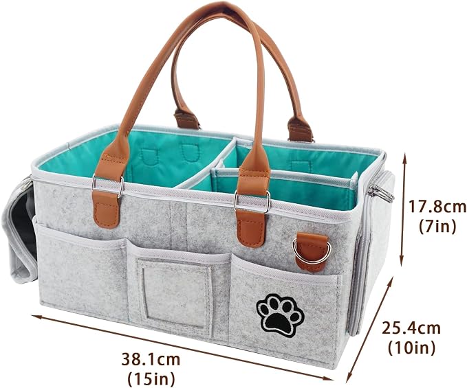 Felt Dog Grooming Bag,Portable Tote Bag for Dogs Cats,Dog Storage Organizer for Grooming Tool Kit,3 Compartments Pet Stuff Oganizers with 8 Pockets-Grey
