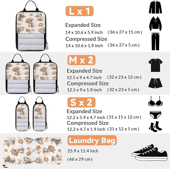 Cute Mouse Compression Packing Cubes Mouse 6 Set Travel Packing Cubes for Suitcases Lightweight Expandable Organizers