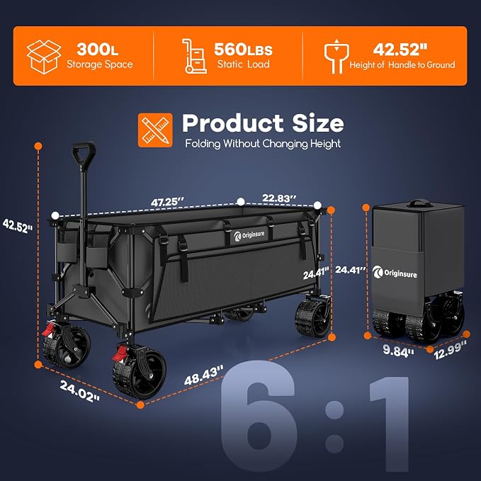 Originsure 300L Beach Wagons Carts Foldable with Big Wheels, 560lbs, Grey | 48" Folding Utility Wagon,7" All-Terrain Wheels,Heavy Duty Frame,Compact&Space-Saving,for Camping,Sports,Grocery,Garden