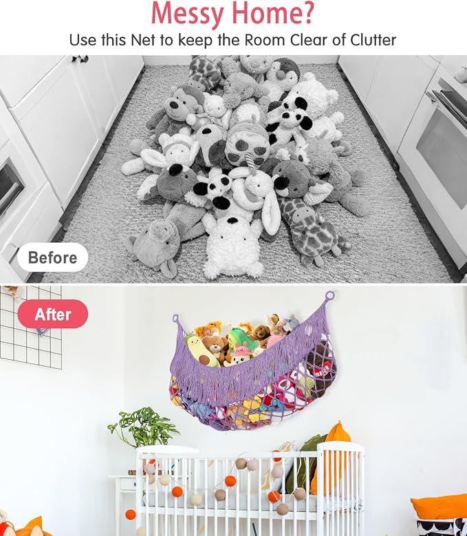 Stuffed Animal Hammock - Extra Large 63'' Long (Lavender) | Premium Cotton Hand-knitted, Beautiful Long Tassel, Storage Hanging Organizer, Can Fit Stuffed Animals 40 Piece or More