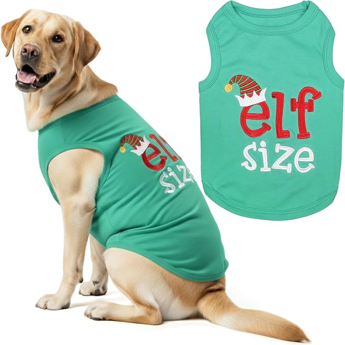 Parisian Pet Dog Shirt Embroidered “ Elf Size “ - Lightweight Cotton Dog Christmas Outfit - Sleeveless Christmas Pet Clothes - Machine Washable Shirts for Large Dogs - XL