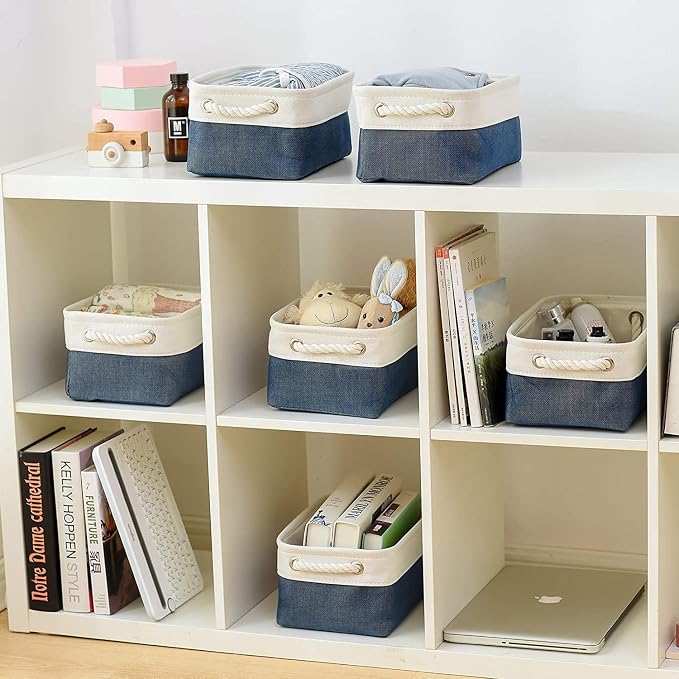 Storage Bins for Shelves - 12x8x5.2 inch 1 Pack Baskets for Gifts Empty, Fabric Storage Cubes for Closet Organizing Dog Gift Cloth Toy (White & Jean Blue)