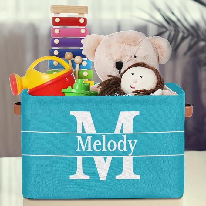 Personalized Foldable Storage Basket with Initial Letter, Lake Blue
