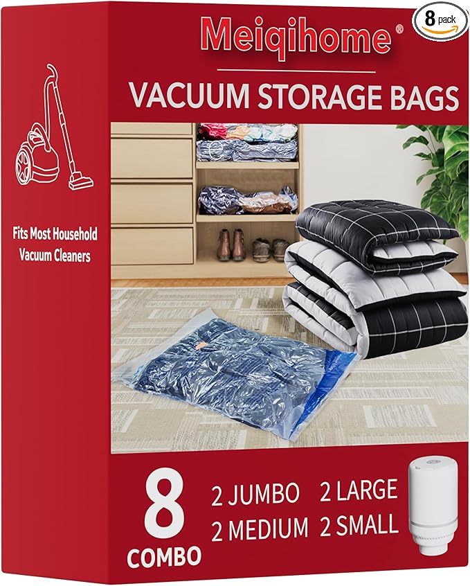 Vacuum Seal Bags for Clothing Travel & Home Storage, travel vacuum bags with pump, Store Blankets, Comforters, Pillows, Seasonal Clothes Compactly,8 Pack With Electric Pump