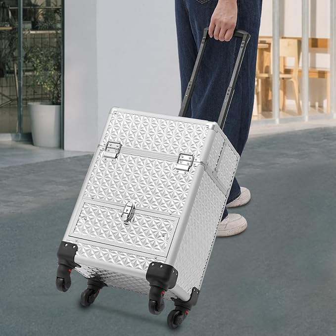 3 in 1 Makeup Rolling Train Case, Cosmetic Travel Trolley Storage Sliding Drawer 4 Tray Hairstylist Organizer Box with 3 Keys Salon Barber Case Traveling Cart Trunk for Hairstylists Nail Tech (Silver)