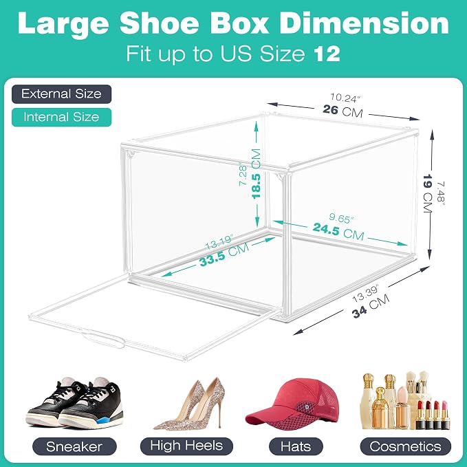 12 Pack Drop-Front Clear Shoe Boxes for Flats,Loafers&Small Spaces,Size 12 | Stackable Shoe Display Cases with Magnetic Door, Clear Storage Bins for Sneaker Containers Figure Display