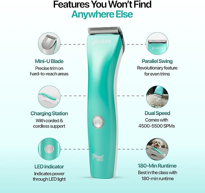 Hornet Mini Trimmer - Compact and Portable Pet Trimming Clippers for Grooming - Low Noise, Rechargeable Cordless Dog Hair Grooming Clippers - Teal