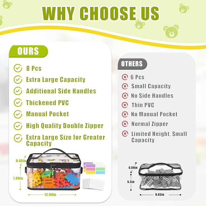 8 Pack Large Clear Toy Storage Bags with Labels, Handles, Zippers, Black | Large Capacity, Transparent PVC, Waterproof Dustproof, Space-saving, Portability for Building Blocks, Puzzle, Dolls, Travel