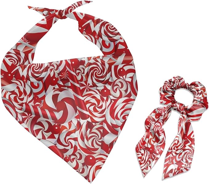 COEQINE Christmas Dog Bandanas with Hair Tie Bows for Women Holiday Costume Pet Triangle Reversible Bibs Breed for Puppy and Adult Winter Clothes Decor,Red Candy Cane